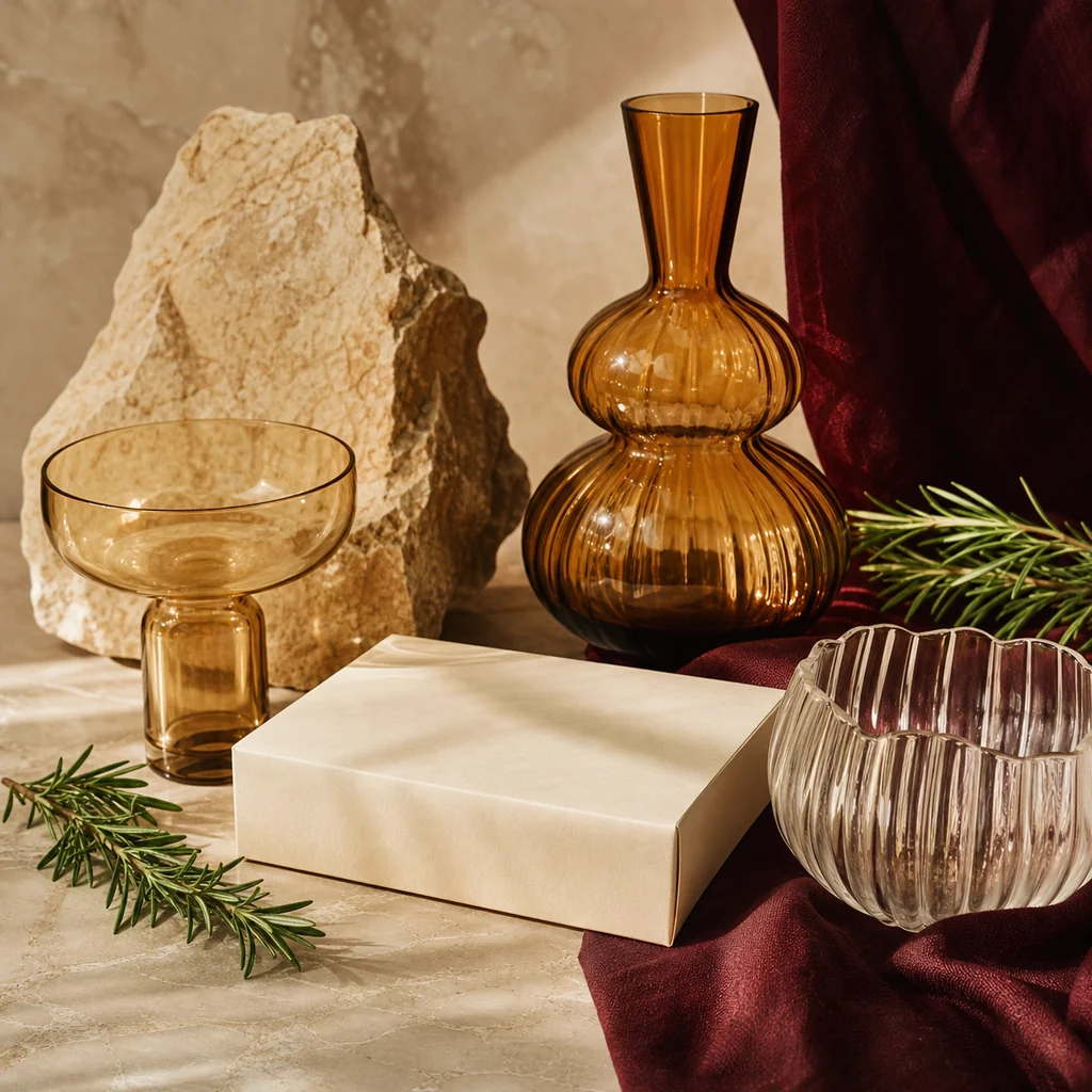 Composición editorial con vidrio, piedra mineral y romero
