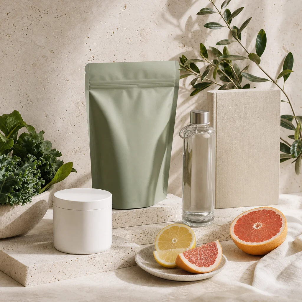 Composición de alimentos, botella y cuaderno para una rutina cotidiana