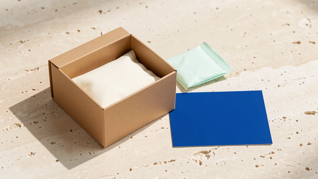 Caja y bolsa sencillas sin marca con papel verde y tarjeta azul en blanco sobre piedra clara