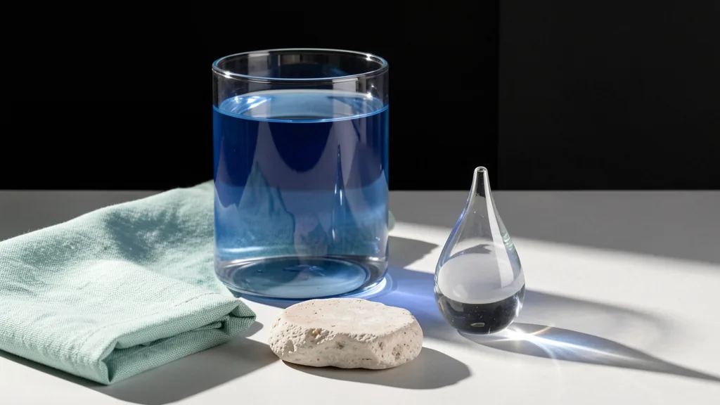 Formas de vidrio en tonos azules sobre una superficie mineral