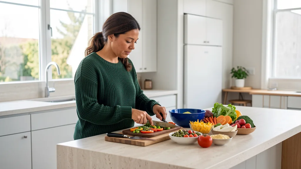 Mujer preparando alimentos frescos en una cocina luminosa