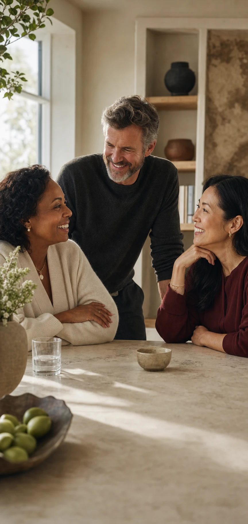 Tres adultos ficticios conversan alrededor de una mesa clara